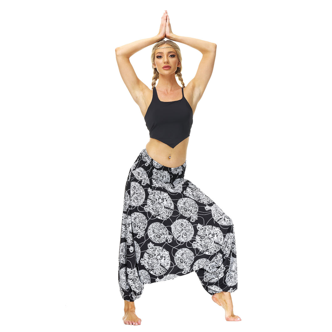 Popular Ethnic Style Printed Lantern Pants, Home Outdoor Yoga Pants, Elastic Waist Pants