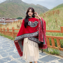 Load image into Gallery viewer, Tibetan Great Retro Totem Red Warm Outer Shawl Women&#39;s Scarf Autumn and Winter Cloak Big Cloak
