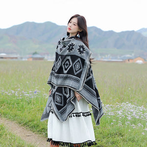 Tibetan Great Retro Totem Red Warm Outer Shawl Women's Scarf Autumn and Winter Cloak Big Cloak