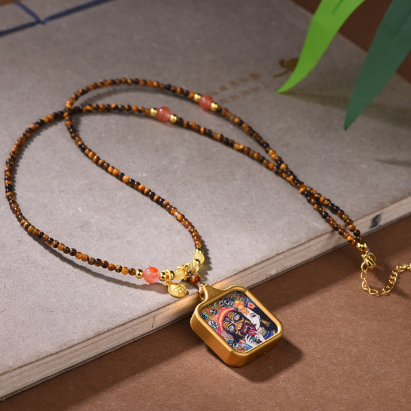 New Tibetan Natural Tiger's Eye Stone Necklace Tibetan Style Zakiram God of Wealth Thangka Pendant Collarbone Chain Simple Light Luxury Decoration