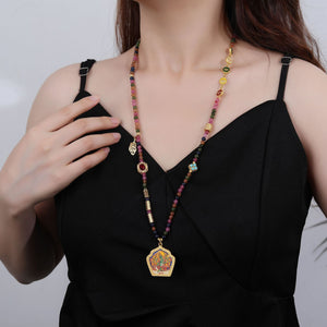 Light Luxury Colorful Tourmaline Beaded Necklace with A Sense of Luxury and Niche Design Neck Chain Enamel Color Pendant Vintage Sweater Necklace