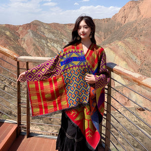 Tibetan Great Retro Totem Red Warm Outer Shawl Women's Scarf Autumn and Winter Cloak Big Cloak