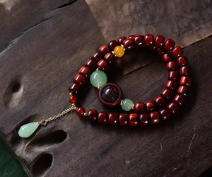 Small Leaf Red Sandalwood Two Loop Bracelet with Small Leaf Carved Beads and Jade Chalcedony Beads