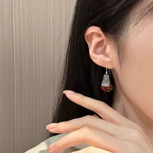 Load image into Gallery viewer, 925 Silver Retro Tang Grass Pattern Red Lantern Agate Earrings Ear Hook Water Bottle Ethnic Style Niche High Sense
