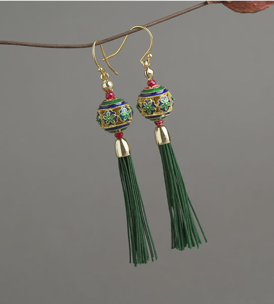 New Tinetan Cloisonne Green Tassel Ethnic Style Women's Earrings Ancient Style with Cheongsam Earrings