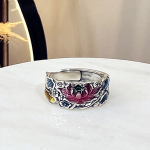 Silver Lotus Carp Openwork Retro Style Ring Vintage Distressed Craft Opening Literary Index Ring