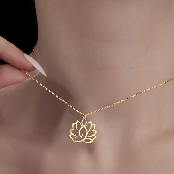 Stainless Steel Necklace Yoga Lotus Flower Necklaces Adjustable Chains Pendant Women Buddhist Religious Jewelry Party Gifts