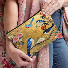 Load image into Gallery viewer, Lightweight, Foldable Floral Bird Pattern Fabric Makeup Bag | Zippered Cosmetic Pouch with Golden Background Design
