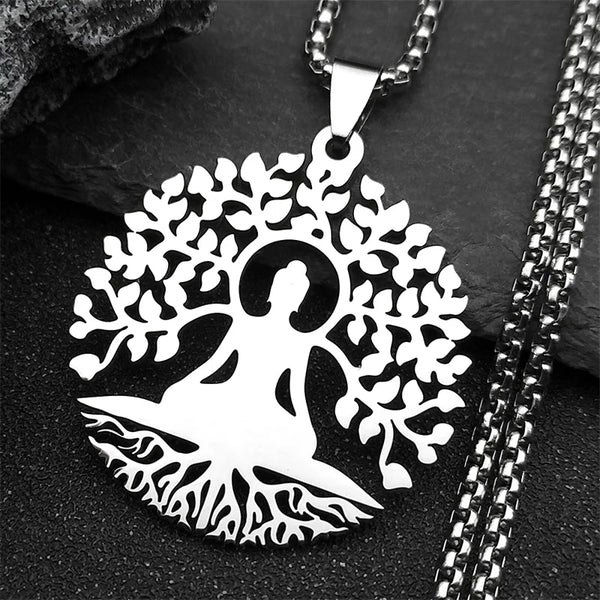 Buddhism Meditation Buddha Yoga Pendant Necklace Stainless Steel Tree of Life Buddhist Chakras Reiki Chain  Jewelry collar