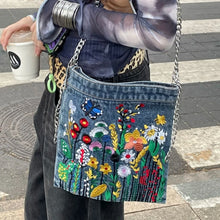 Load image into Gallery viewer, Embroidered Flowers Women Cowboy Shoulder Bag Fashion Chain Ladies Messenger Bags Denim Handbag Personality Trend Student Bag
