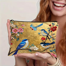 Load image into Gallery viewer, Lightweight, Foldable Floral Bird Pattern Fabric Makeup Bag | Zippered Cosmetic Pouch with Golden Background Design

