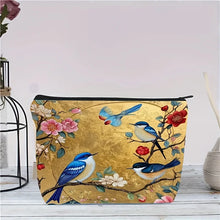 Load image into Gallery viewer, Lightweight, Foldable Floral Bird Pattern Fabric Makeup Bag | Zippered Cosmetic Pouch with Golden Background Design
