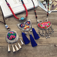 Load image into Gallery viewer, Retro Fashion Ethnic Embroidery Flower Necklace Tassel Pendant Sweater Chain
