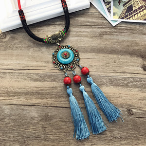 Retro Fashion Ethnic Embroidery Flower Necklace Tassel Pendant Sweater Chain