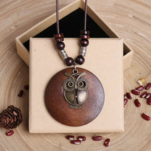 Load image into Gallery viewer, Vintage Wooden Owl Leaf Pendant Necklaces Boho Ethnic Style Metal Hollow leaves Necklaces Long Wax Rope Chain For Women Gifts
