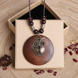 Vintage Wooden Owl Leaf Pendant Necklaces Boho Ethnic Style Metal Hollow leaves Necklaces Long Wax Rope Chain For Women Gifts