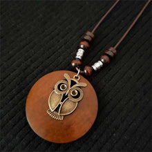 Load image into Gallery viewer, Vintage Wooden Owl Leaf Pendant Necklaces Boho Ethnic Style Metal Hollow leaves Necklaces Long Wax Rope Chain For Women Gifts
