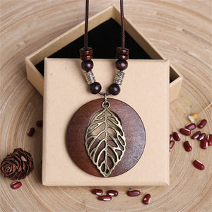 Vintage Wooden Owl Leaf Pendant Necklaces Boho Ethnic Style Metal Hollow leaves Necklaces Long Wax Rope Chain For Women Gifts