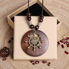 Load image into Gallery viewer, Vintage Wooden Owl Leaf Pendant Necklaces Boho Ethnic Style Metal Hollow leaves Necklaces Long Wax Rope Chain For Women Gifts
