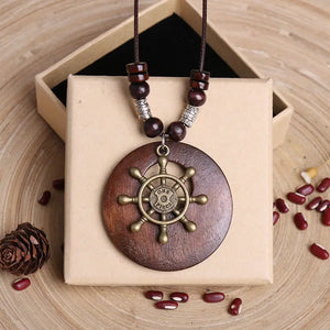 Vintage Wooden Owl Leaf Pendant Necklaces Boho Ethnic Style Metal Hollow leaves Necklaces Long Wax Rope Chain For Women Gifts