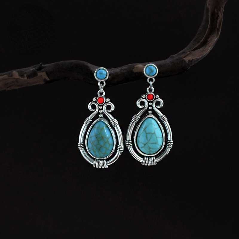 Tibetan Silver Art Retro Ethnic Style Turquoise Water Droplet Carved Earrings