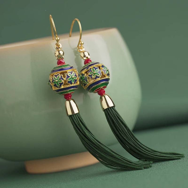 New Tinetan Cloisonne Green Tassel Ethnic Style Women's Earrings Ancient Style with Cheongsam Earrings