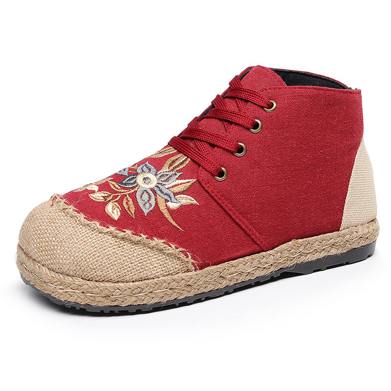 New national style women's shoes, front lace up, middle upper, casual women's short boots, thick bottomed round head embroidered shoes