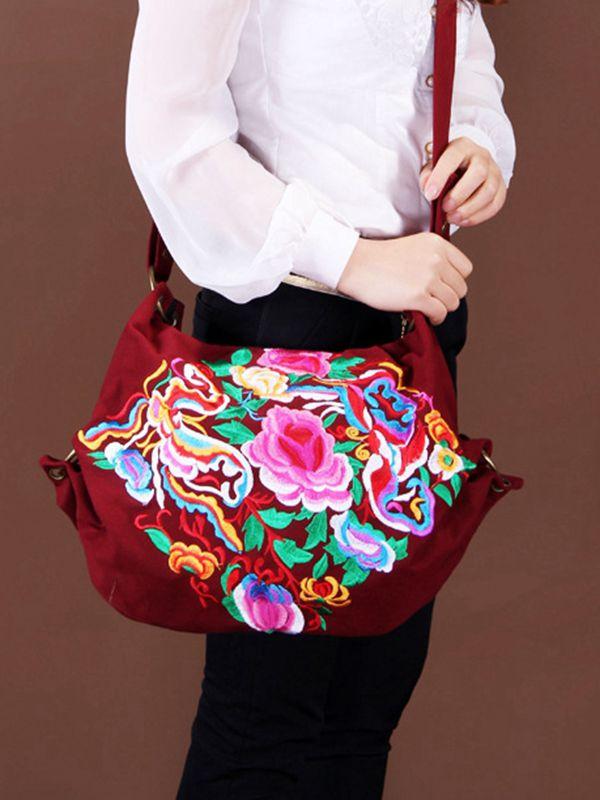 Vintage Canvas Ethnic Style Floral Embroidery Shoulder Bag