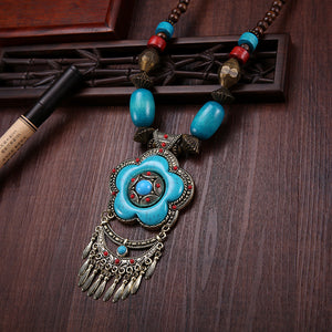 Tibetan Ethnic Style Vintage Flower Pendant Necklace Sweater Chain Pendant