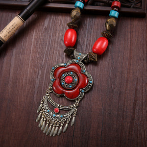 Tibetan Ethnic Style Vintage Flower Pendant Necklace Sweater Chain Pendant