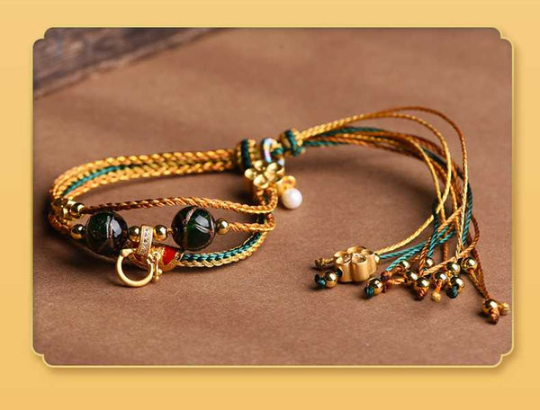 Tibetan Three Loop Hand Rope Handwoven Multilayer Stacked Bracelet Fragrant Grey Glass Hand Rope Bracelet