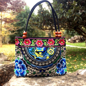 Small Peony Embroidery Ethnic Travel Women Shoulder Bags Handmade Canvas Wood Beads Handbag - hiblings