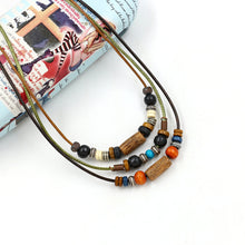 Load image into Gallery viewer, Vintage bohemian folk style multi-layer colorful wood bead necklace Long fashion sweater chain
