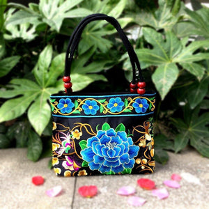 Big Peony Embroidery Ethnic Travel Women Shoulder Bags Handmade Canvas Wood Beads Handbag - hiblings