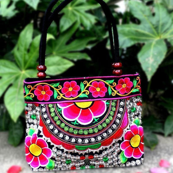 Sun Flower Embroidery Ethnic Travel Women Shoulder Bags Handmade Canvas Wood Beads Handbag - hiblings