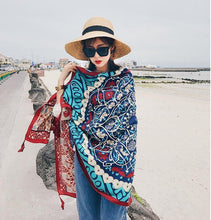 Load image into Gallery viewer, Blue Women Bohemia Floral Tassels Scarf&amp;Cap - hiblings
