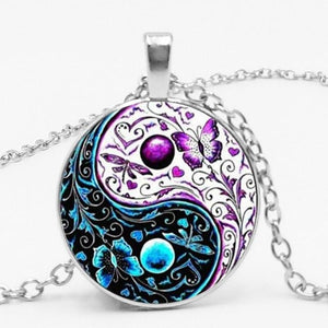 3 Colors Tibet  Cabochon Glass Pendant Chain Necklace Ying Yang Butterfly Gifts