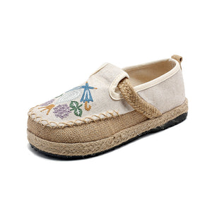 Summer New Ethnic Style Women's Single Shoes Lazy One Step Round Toe Thick Sole Cotton Hemp Embroidered Shoes