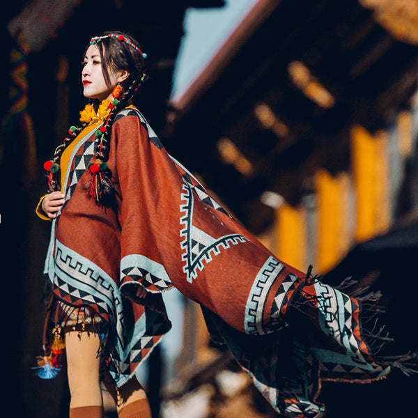 Super Thick National Style Bohemia Tibetan Brick Red Shawl Scarf