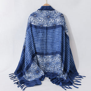 Retro ethnic scarf women's spring and autumn imitation blue dyed wild literary long summer sun protection holiday shawl scarf