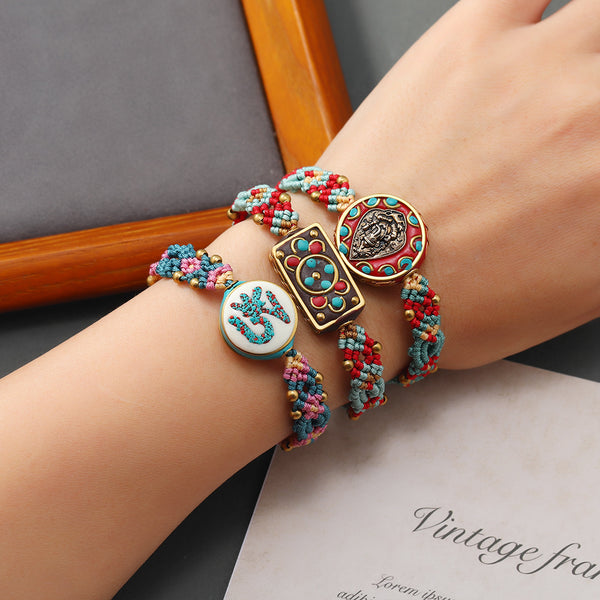 Tibetan ethnic style Nepalese beads hand string retro diagonal knot colorful rope pure hand woven bracelet
