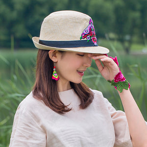 Embroidered hat in summer, straw hat, women's top hat, Tibetan style, sun protection, national style embroidery in summer and autumn