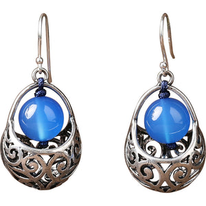 Ethnic Style Earrings Blue Agate Silver Earrings Retro Tibetan Style with Cheongsam Sterling Silver Earrings