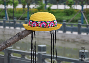 New National Style Embroidered Braided Hat, Folding Leisure Straw Hat, Summer Vacation Beach Sunshade Basin Hat