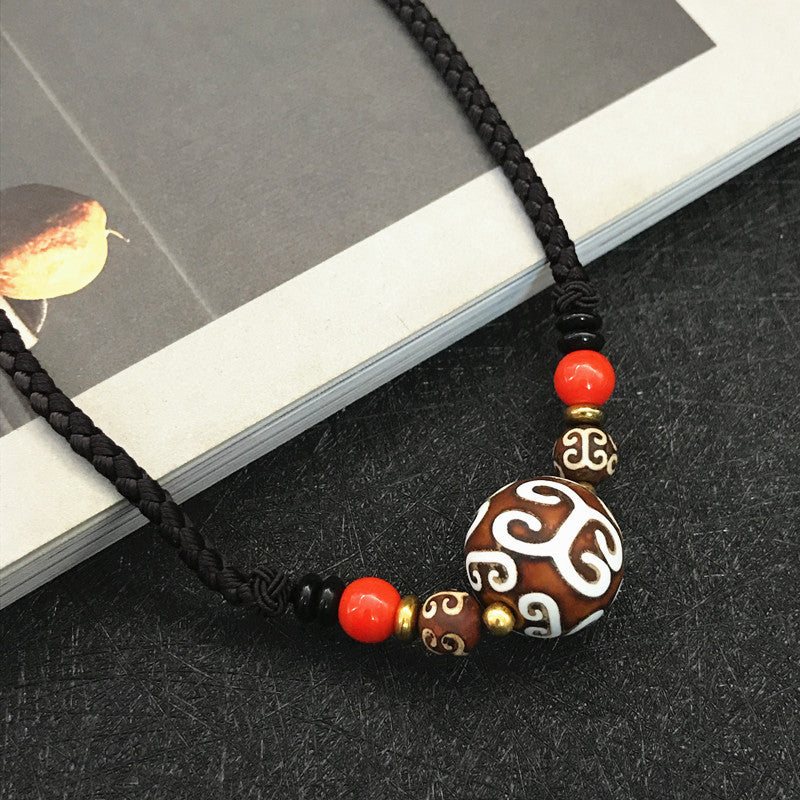 Tibetan pattern dzi collarbone chain ethnic style antique onyx dzi necklace adjustable sweater chain