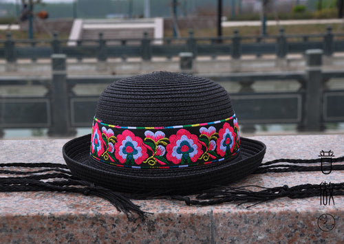 New National Style Embroidered Braided Hat, Folding Leisure Straw Hat, Summer Vacation Beach Sunshade Basin Hat