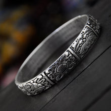 Load image into Gallery viewer, Vintage Thai silver auspicious eight treasures bracelet worn-out black Tibetan silver bracelet Miao silver jewelry handmade ethnic style woman
