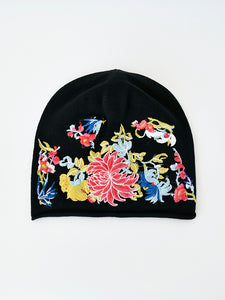 Black pile hat women's autumn and winter embroidery thin postpartum knitted woolen confinement hat versatile bun cap