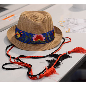 National style Embroidered Hat Straw Hat Sun-proof Visor Big Brim Summer Days Ladies National hat