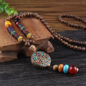 Vintage Nepal Long Buddhist Mala Wood Beaded Pendant & Necklace Ethnic Bohemian Boho Buddha Lucky Jewelry for Women Men